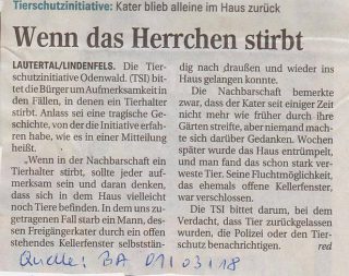 Bergsträßer Anzeiger vom 01.03.2018 - Wenn das Herrchen stirbt